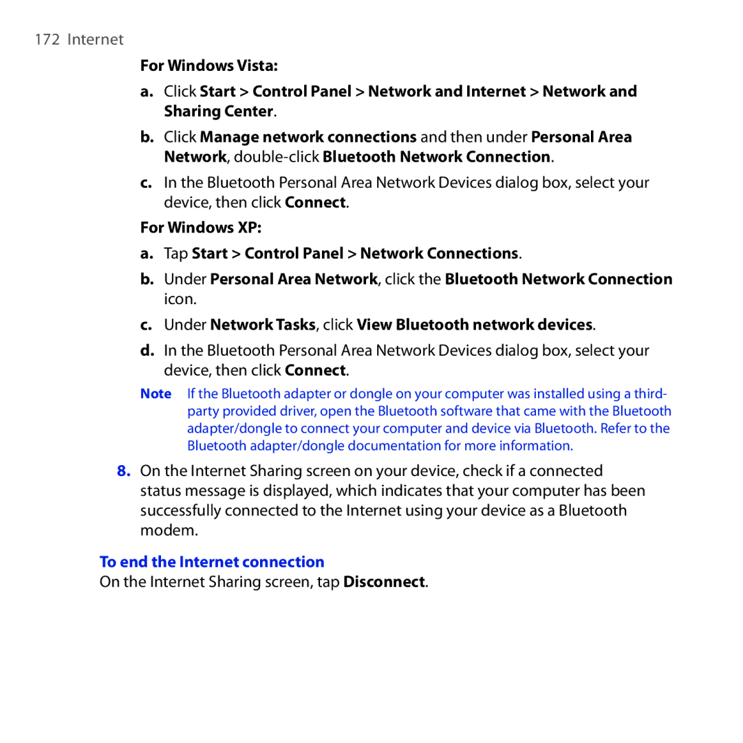 HTC RAPH100 user manual To end the Internet connection, On the Internet Sharing screen, tap Disconnect 