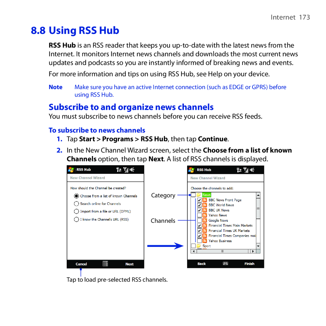 HTC RAPH100 user manual Subscribe to and organize news channels, To subscribe to news channels 