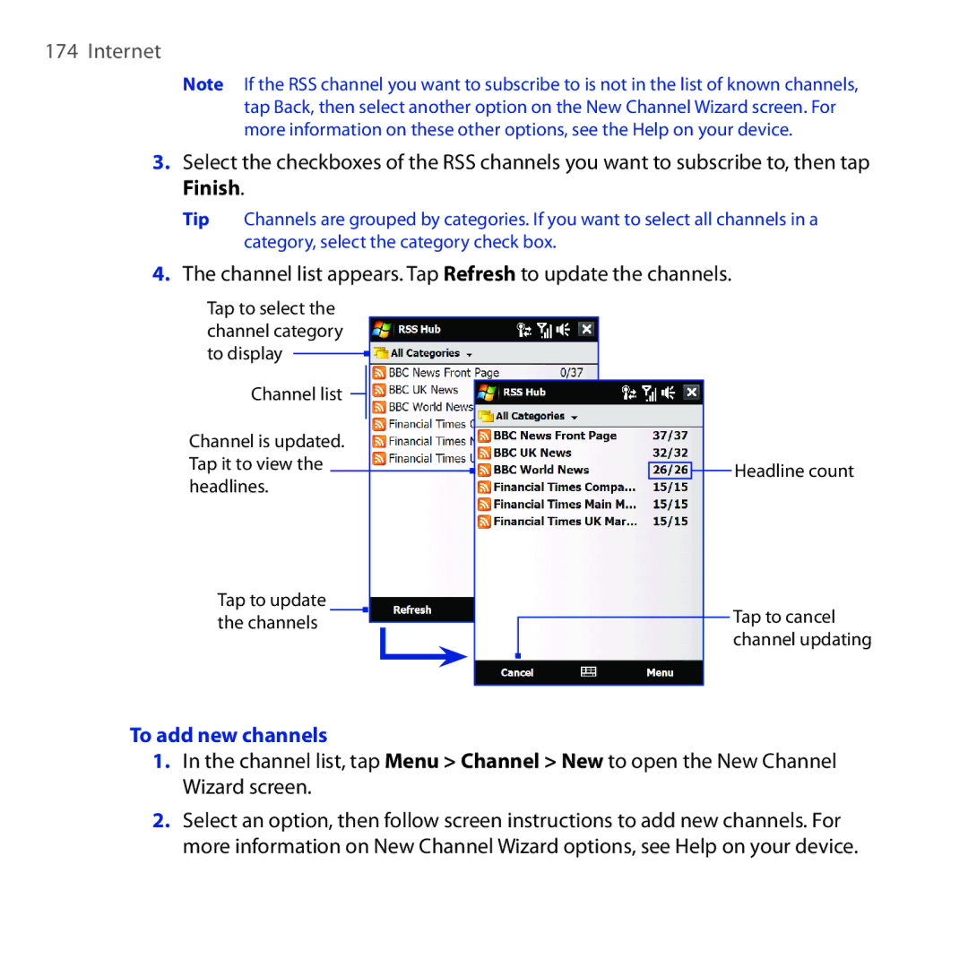 HTC RAPH100 user manual Channel list appears. Tap Refresh to update the channels, To add new channels 