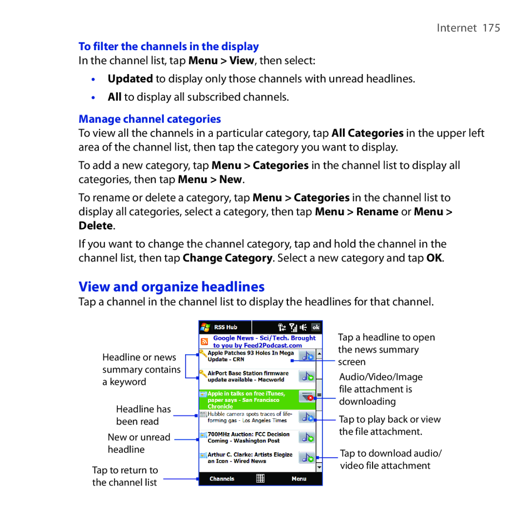 HTC RAPH100 user manual View and organize headlines, To filter the channels in the display, Manage channel categories 