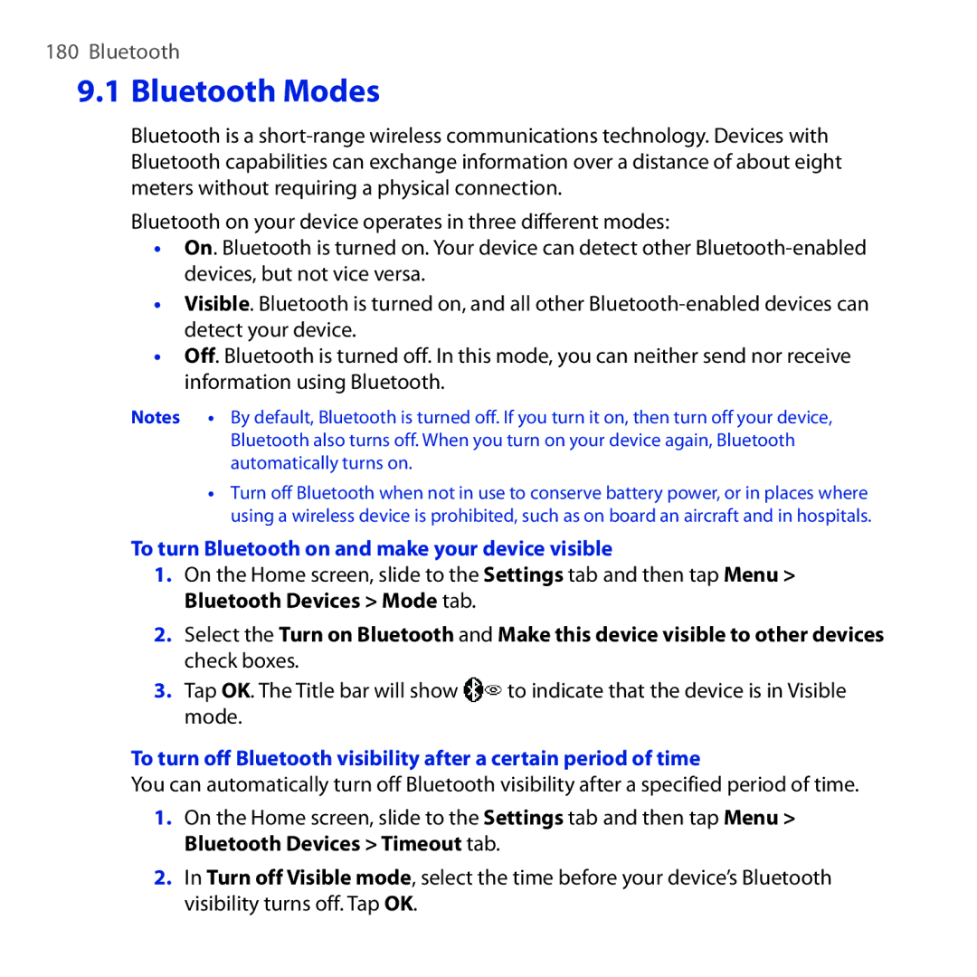 HTC RAPH100 user manual Bluetooth Modes, To turn Bluetooth on and make your device visible 