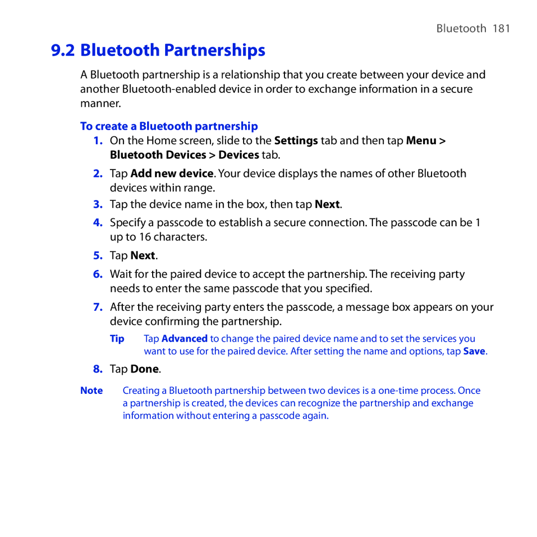 HTC RAPH100 user manual To create a Bluetooth partnership, Tap Done 