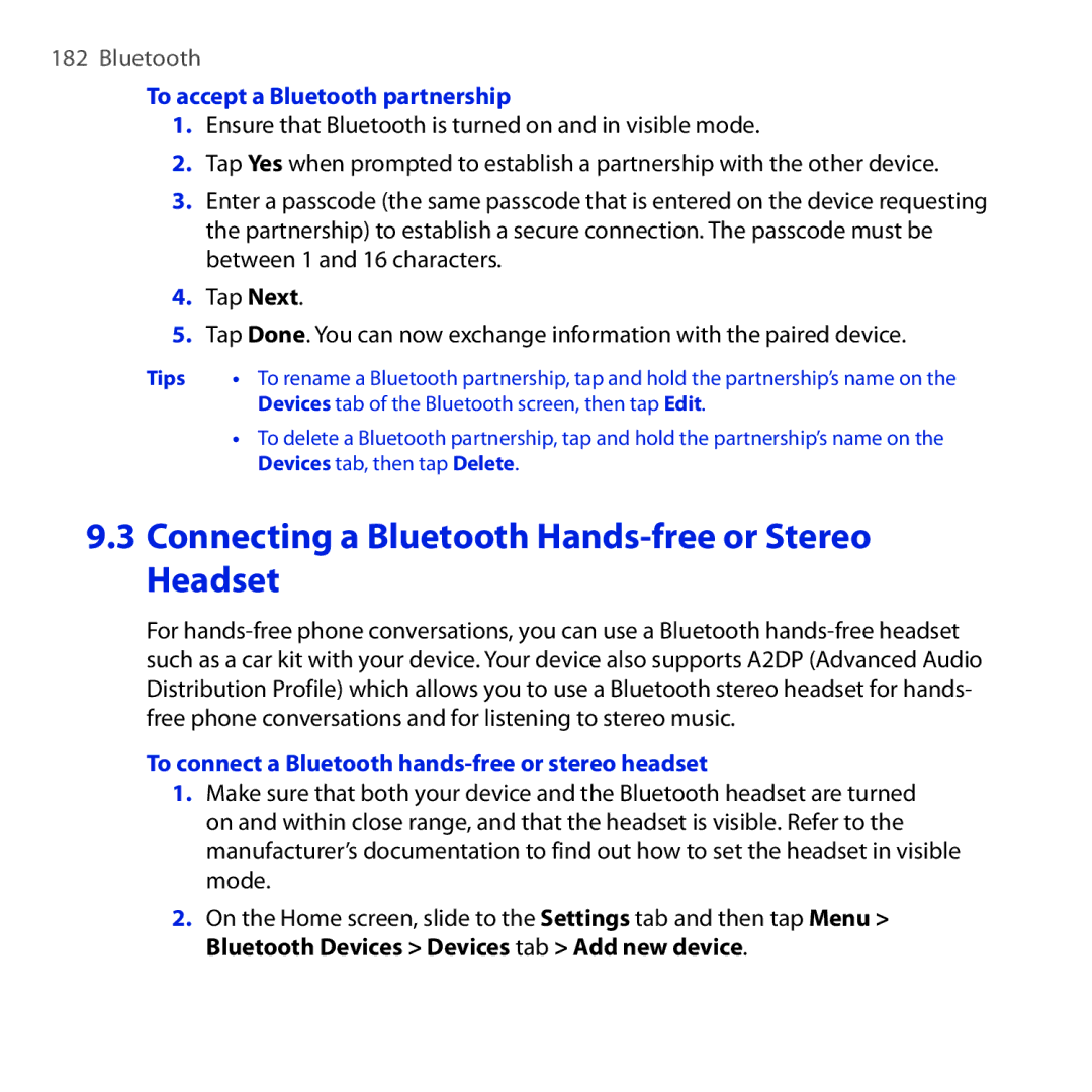 HTC RAPH100 user manual Connecting a Bluetooth Hands-free or Stereo Headset, To accept a Bluetooth partnership 