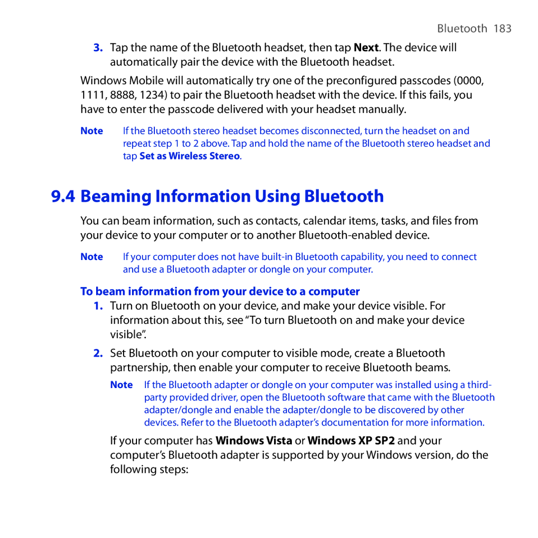 HTC RAPH100 user manual Beaming Information Using Bluetooth, To beam information from your device to a computer 