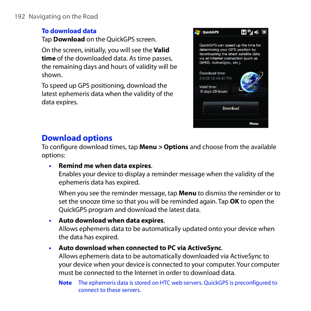 HTC RAPH100 user manual Download options, To download data, Remind me when data expires, Auto download when data expires 