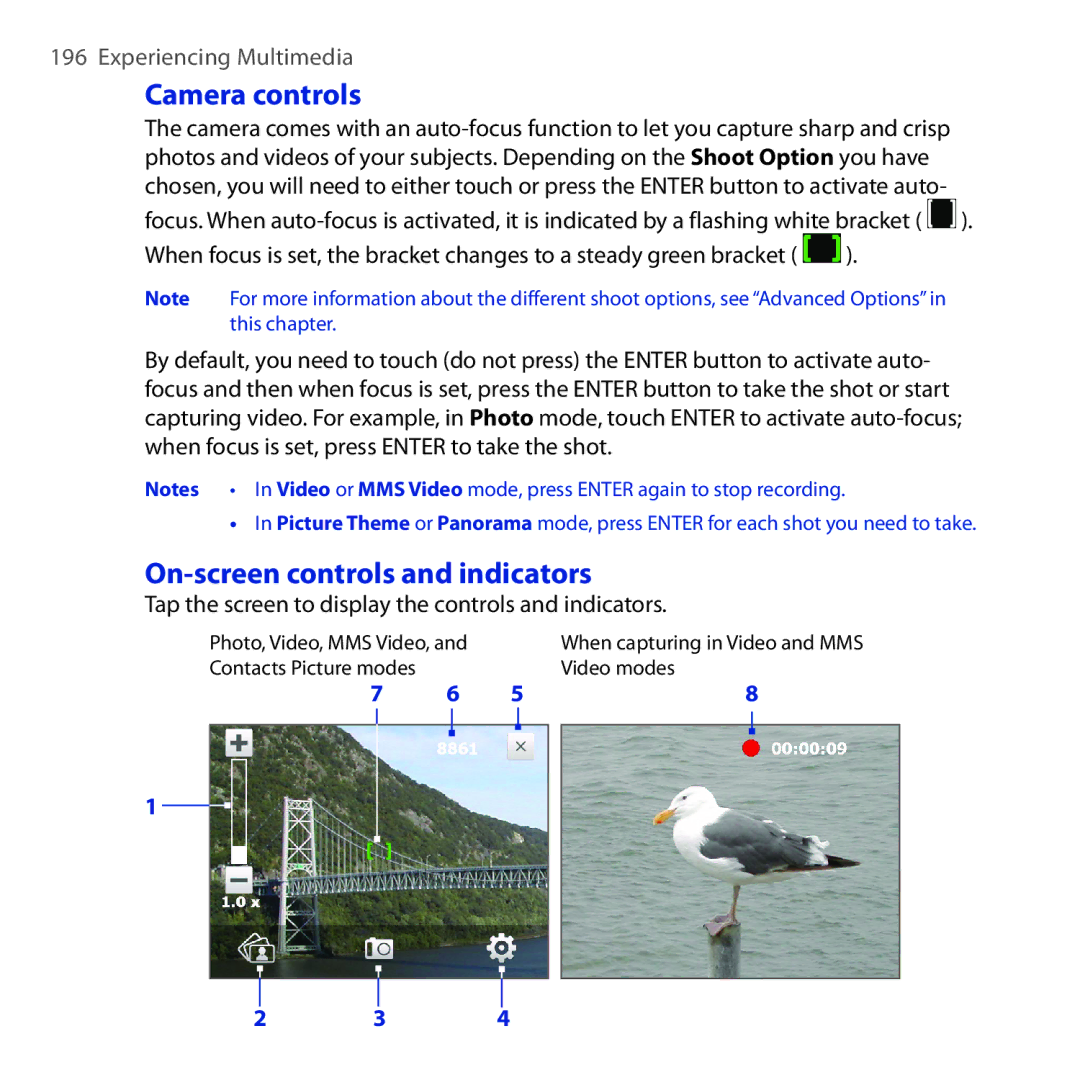 HTC RAPH100 Camera controls, On-screen controls and indicators, Tap the screen to display the controls and indicators 