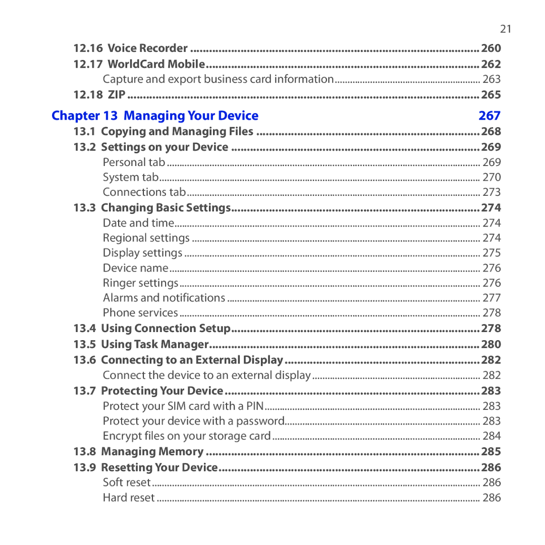 HTC RAPH100 user manual Managing Your Device, 267 