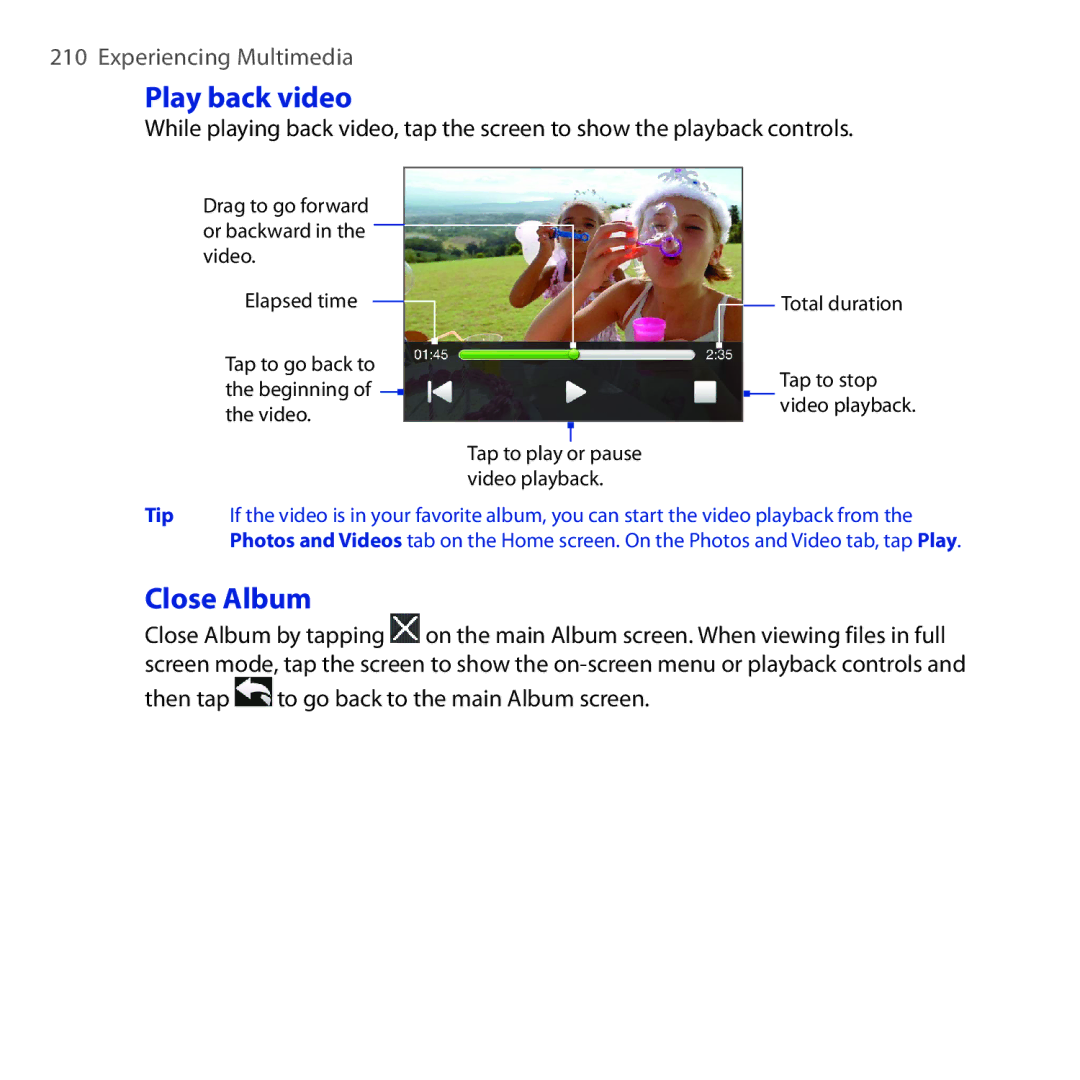 HTC RAPH100 user manual Play back video, Close Album, Then tap to go back to the main Album screen 