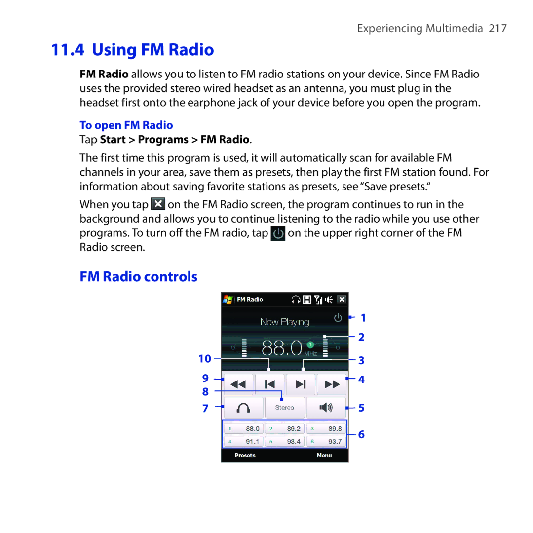 HTC RAPH100 user manual FM Radio controls, To open FM Radio, Tap Start Programs FM Radio 