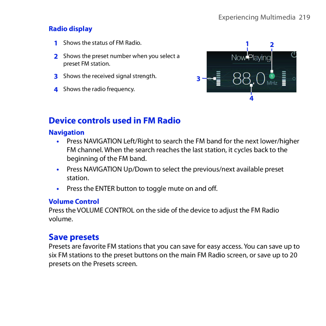 HTC RAPH100 user manual Device controls used in FM Radio, Save presets, Radio display, Navigation, Volume Control 