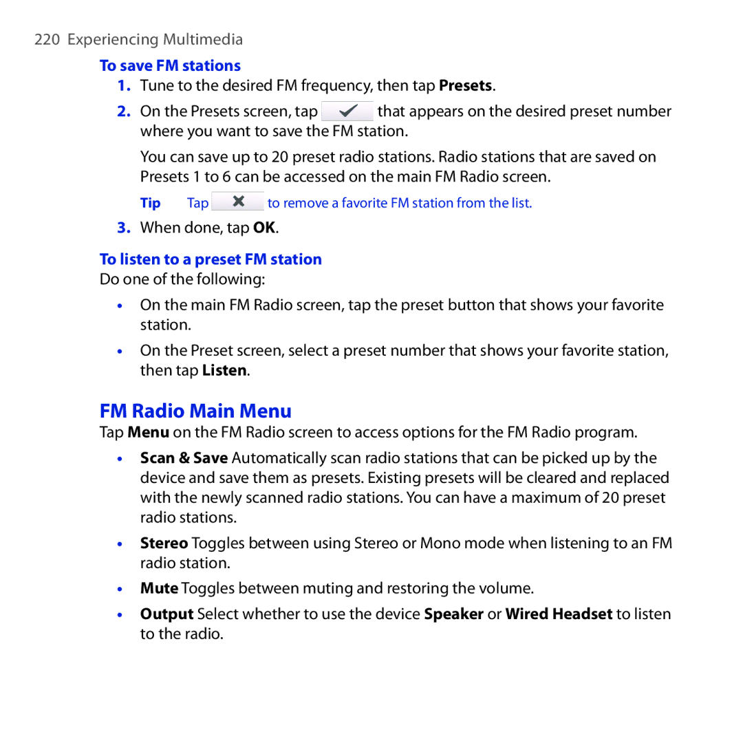 HTC RAPH100 user manual FM Radio Main Menu, To save FM stations, When done, tap OK, To listen to a preset FM station 