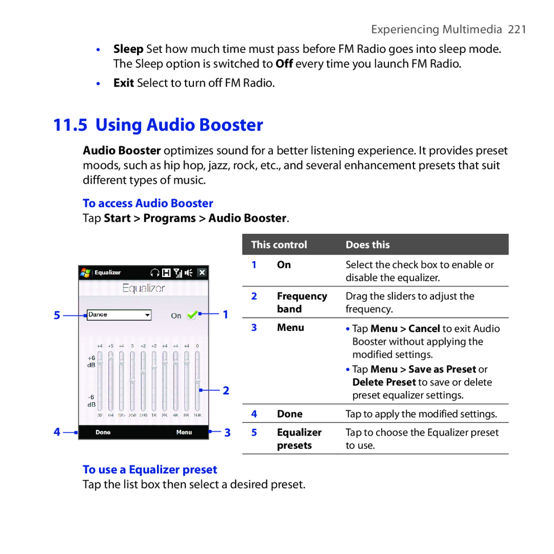 HTC RAPH100 user manual Exit Select to turn off FM Radio, To access Audio Booster, Tap Start Programs Audio Booster 