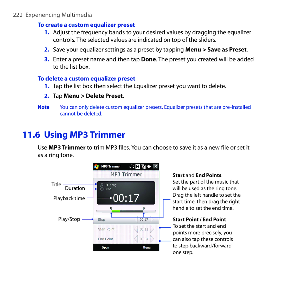 HTC RAPH100 user manual To create a custom equalizer preset, To delete a custom equalizer preset, Tap Menu Delete Preset 