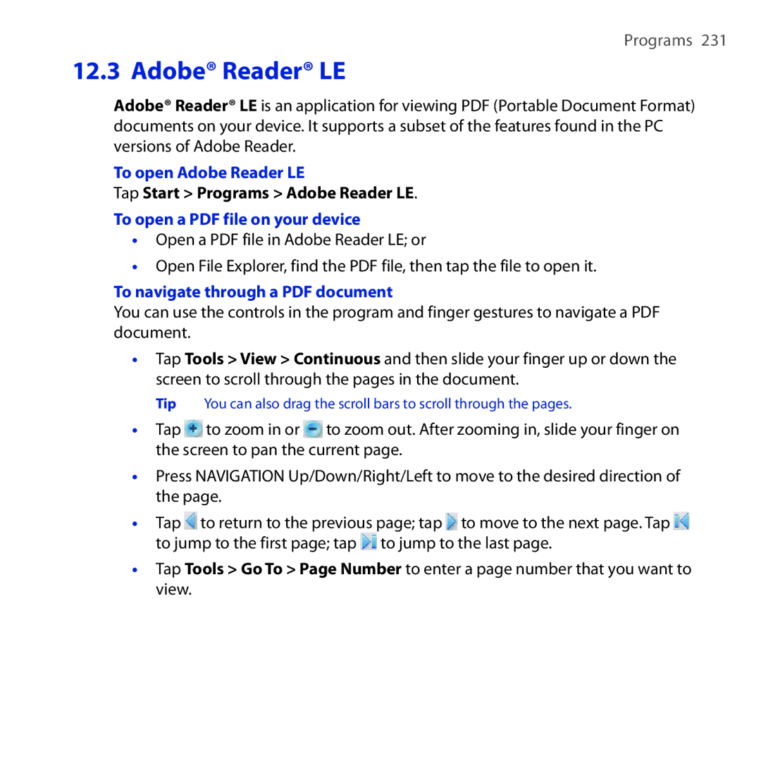 HTC RAPH100 user manual To open Adobe Reader LE, Tap Start Programs Adobe Reader LE 