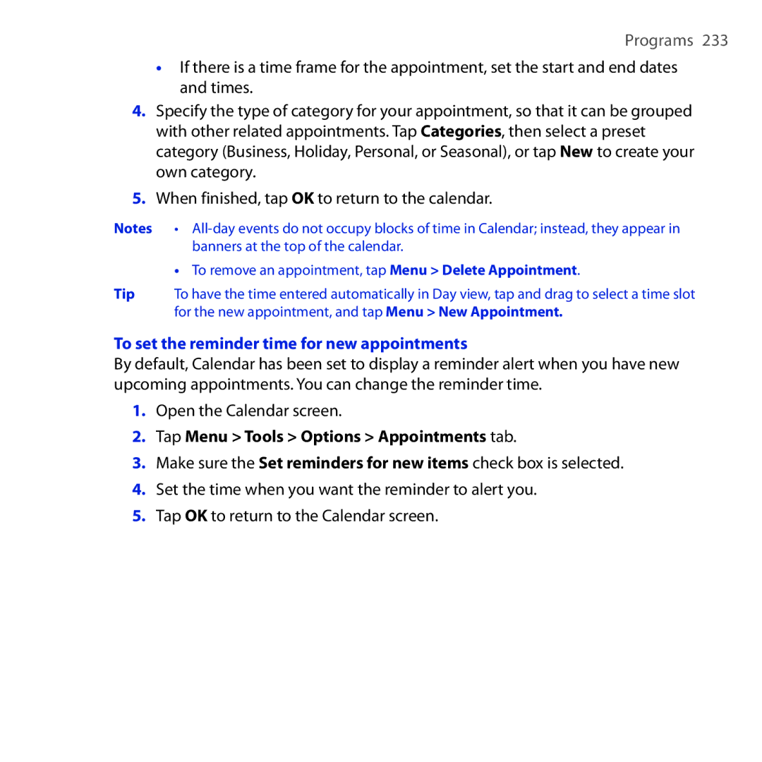 HTC RAPH100 user manual To set the reminder time for new appointments, Tap Menu Tools Options Appointments tab 