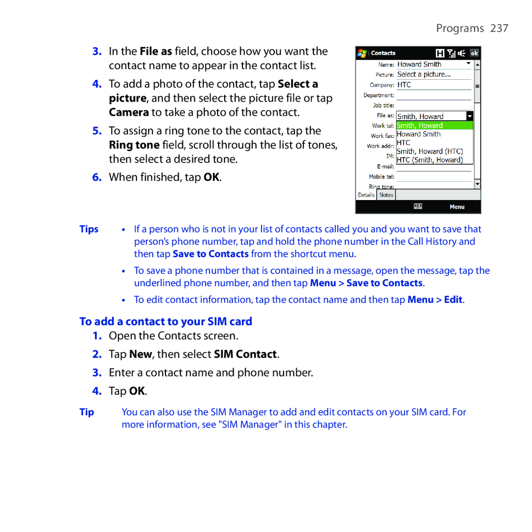 HTC RAPH100 user manual To add a contact to your SIM card 