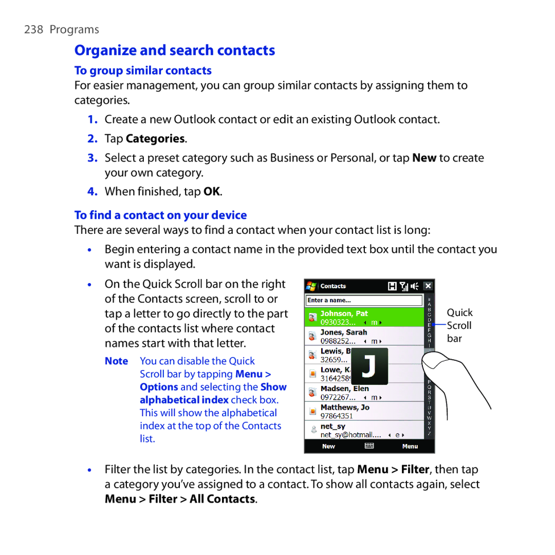 HTC RAPH100 Organize and search contacts, To group similar contacts, Tap Categories, To find a contact on your device 