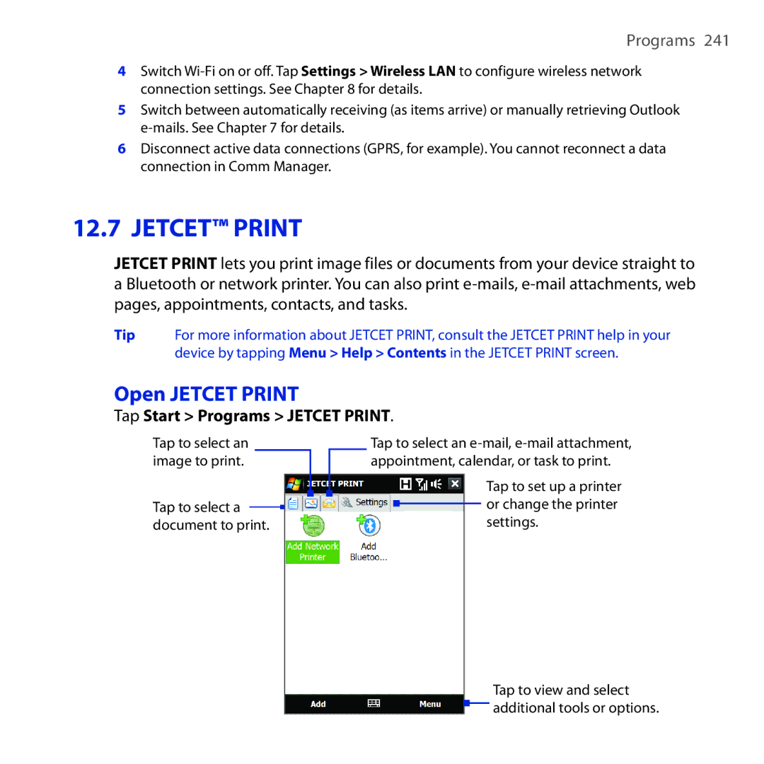 HTC RAPH100 user manual Open Jetcet Print, Tap Start Programs Jetcet Print 