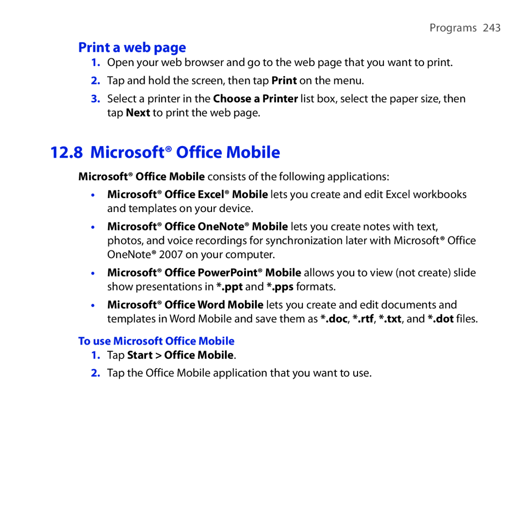 HTC RAPH100 user manual Print a web, To use Microsoft Office Mobile, Tap Start Office Mobile 