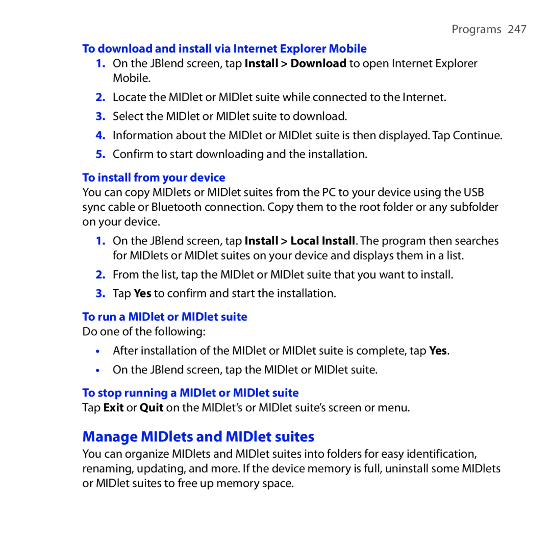 HTC RAPH100 user manual Manage MIDlets and MIDlet suites, To download and install via Internet Explorer Mobile 