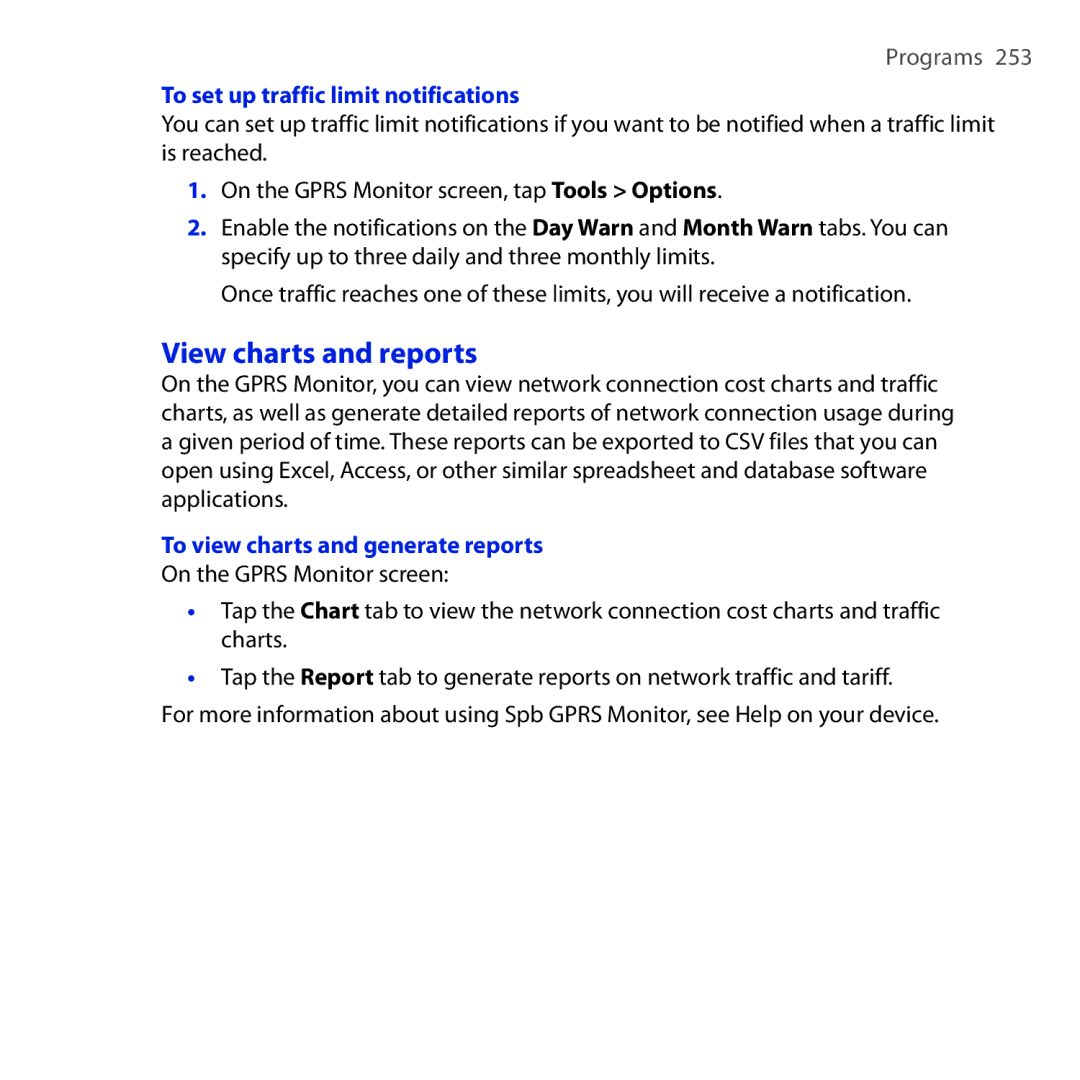 HTC RAPH100 user manual View charts and reports, To set up traffic limit notifications, To view charts and generate reports 