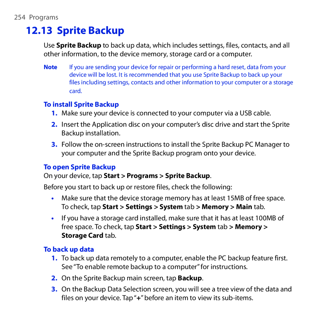 HTC RAPH100 To install Sprite Backup, To open Sprite Backup, On your device, tap Start Programs Sprite Backup 