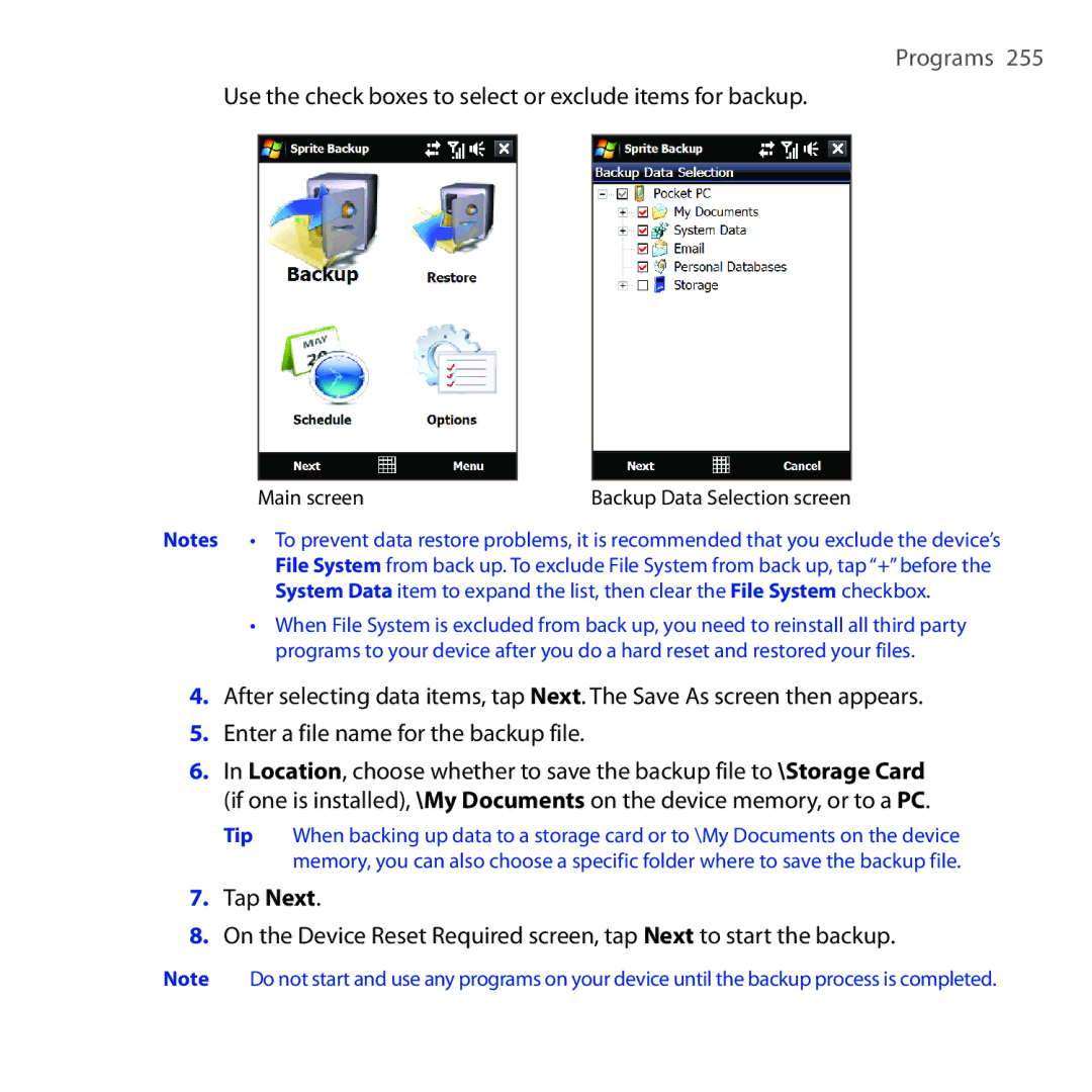 HTC RAPH100 user manual Use the check boxes to select or exclude items for backup, Main screenBackup Data Selection screen 