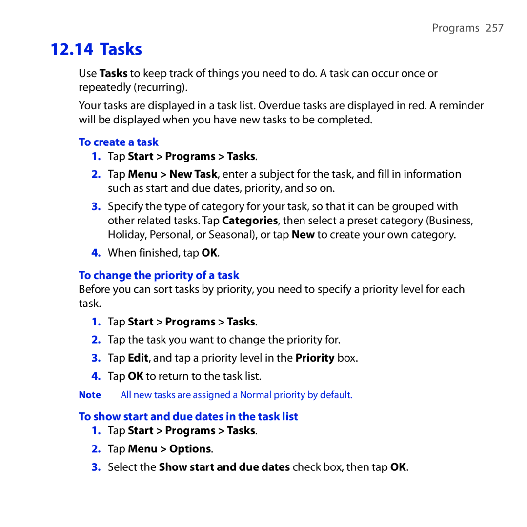 HTC RAPH100 Tasks, To create a task, To change the priority of a task, To show start and due dates in the task list 