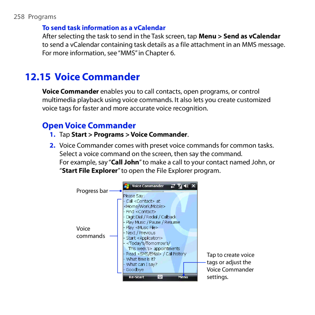 HTC RAPH100 Open Voice Commander, To send task information as a vCalendar, Tap Start Programs Voice Commander 