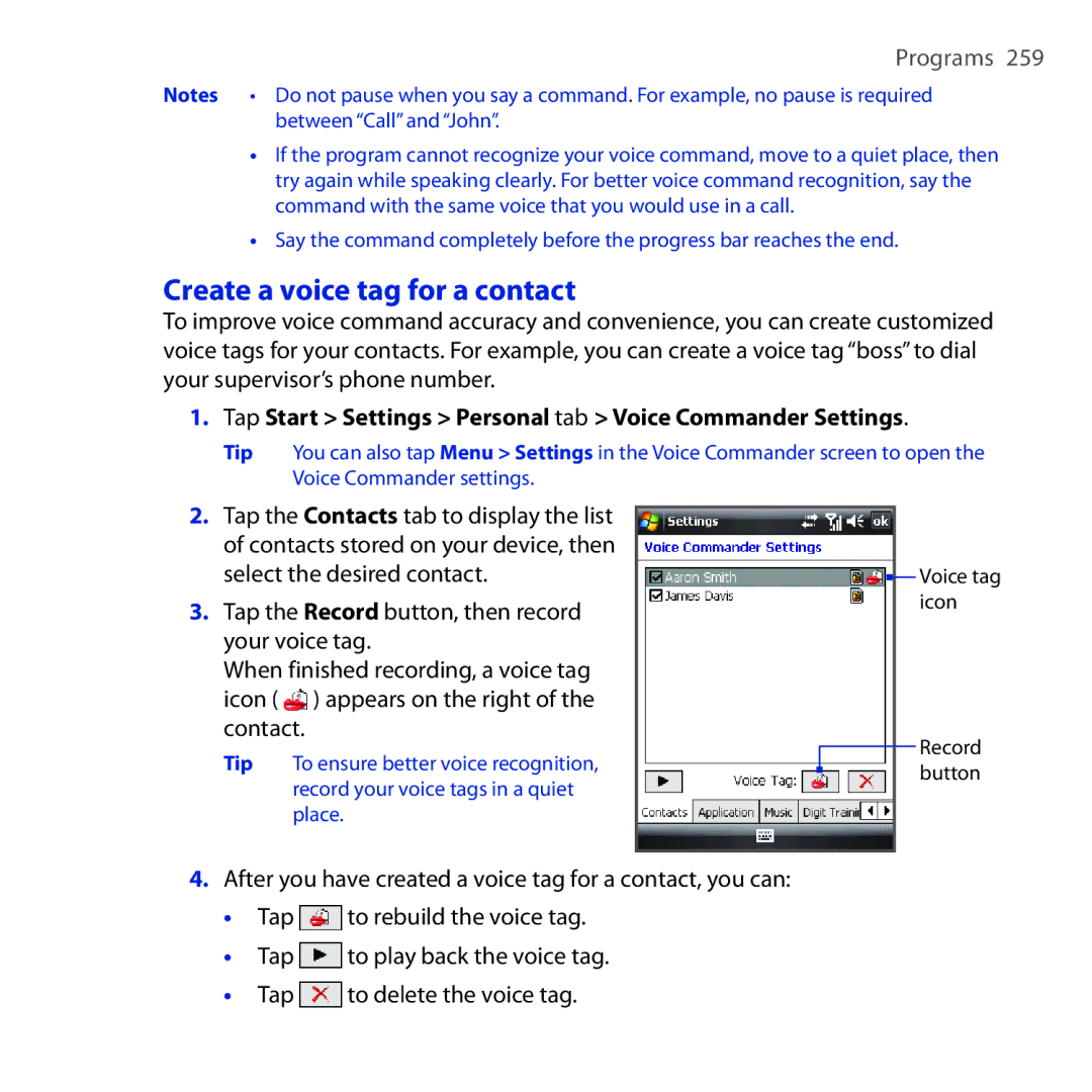 HTC RAPH100 user manual Create a voice tag for a contact, Tap Start Settings Personal tab Voice Commander Settings 