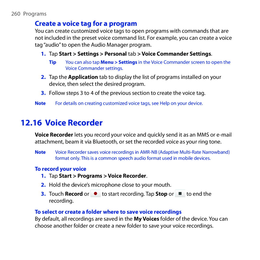 HTC RAPH100 user manual Create a voice tag for a program, To record your voice, Tap Start Programs Voice Recorder 