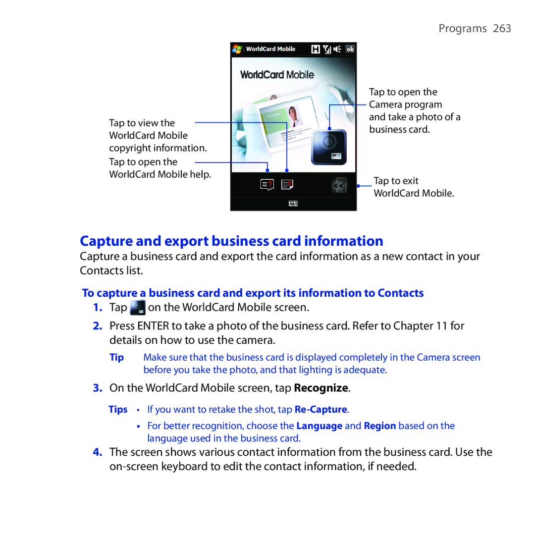 HTC RAPH100 user manual Capture and export business card information, On the WorldCard Mobile screen, tap Recognize 