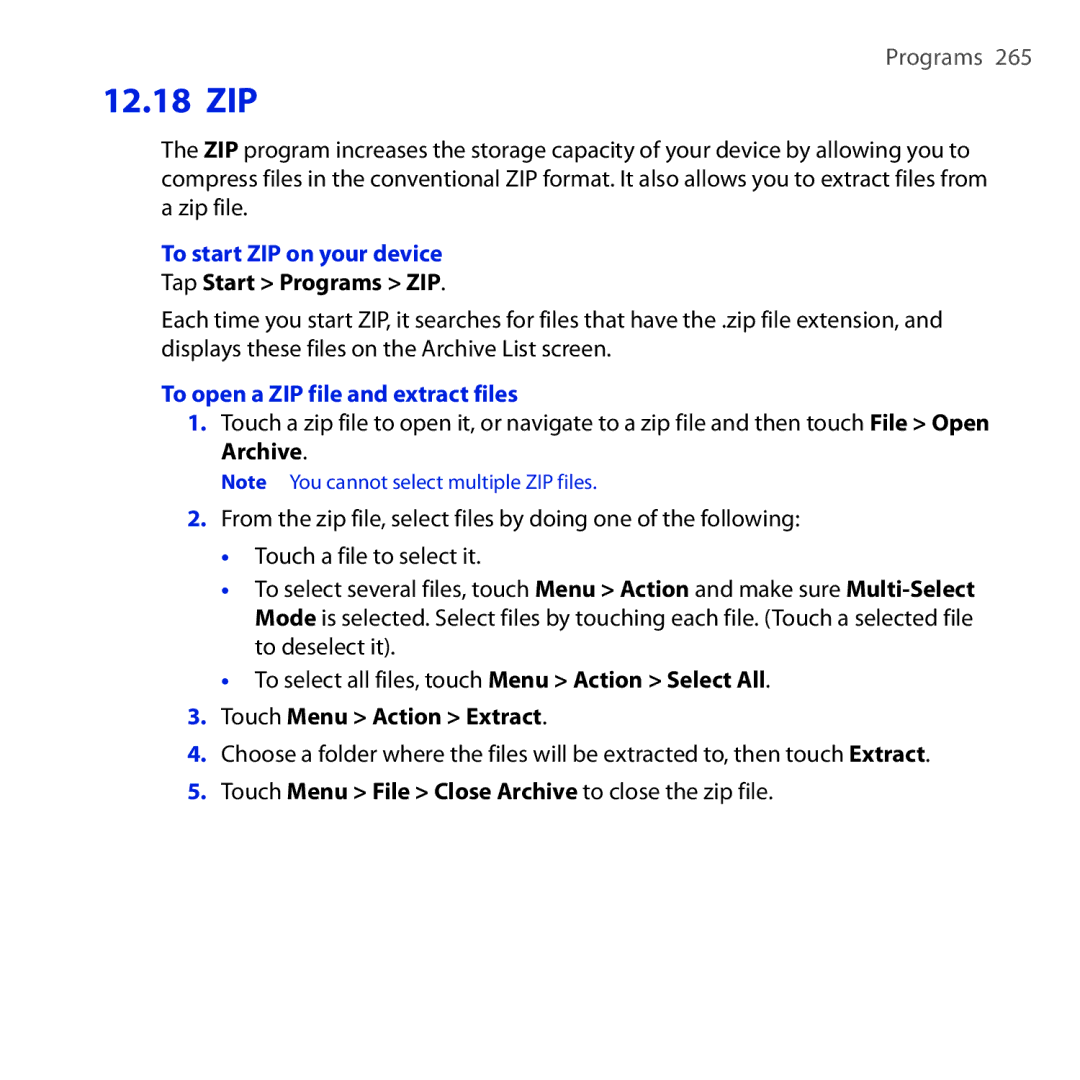 HTC RAPH100 user manual To start ZIP on your device, Tap Start Programs ZIP, To open a ZIP file and extract files 