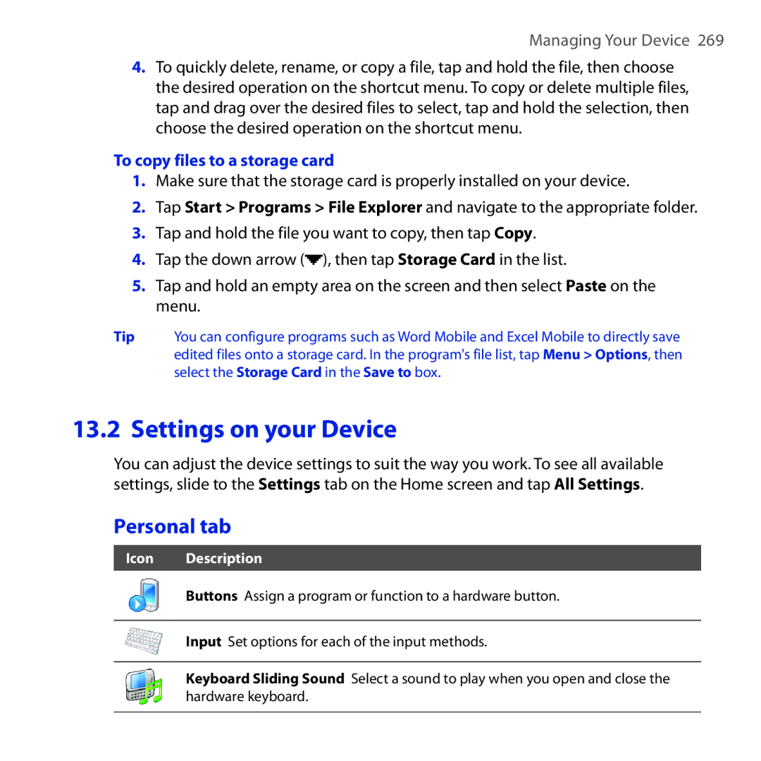 HTC RAPH100 user manual Personal tab, To copy files to a storage card 