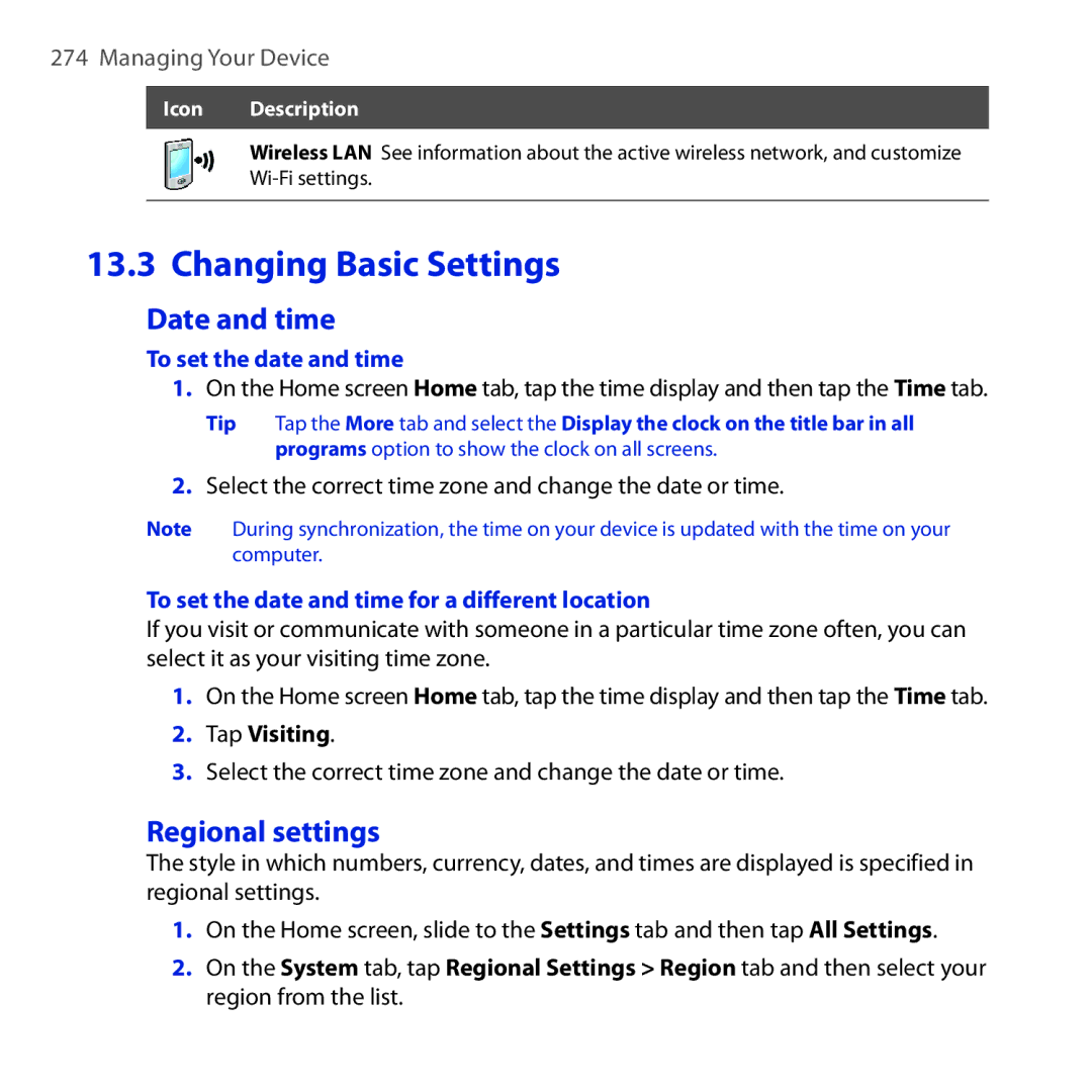 HTC RAPH100 Date and time, Regional settings, To set the date and time for a different location, Tap Visiting 