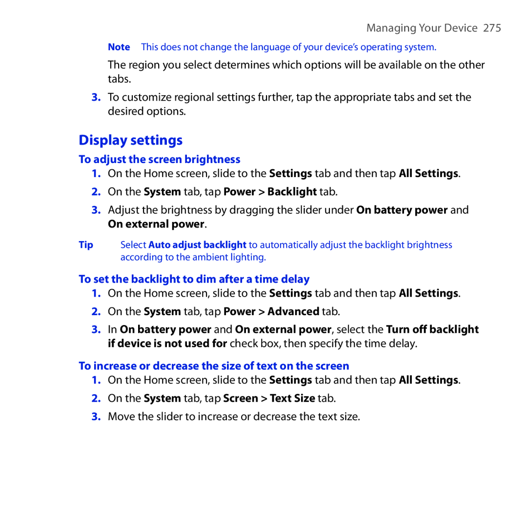 HTC RAPH100 user manual Display settings, To adjust the screen brightness, To set the backlight to dim after a time delay 