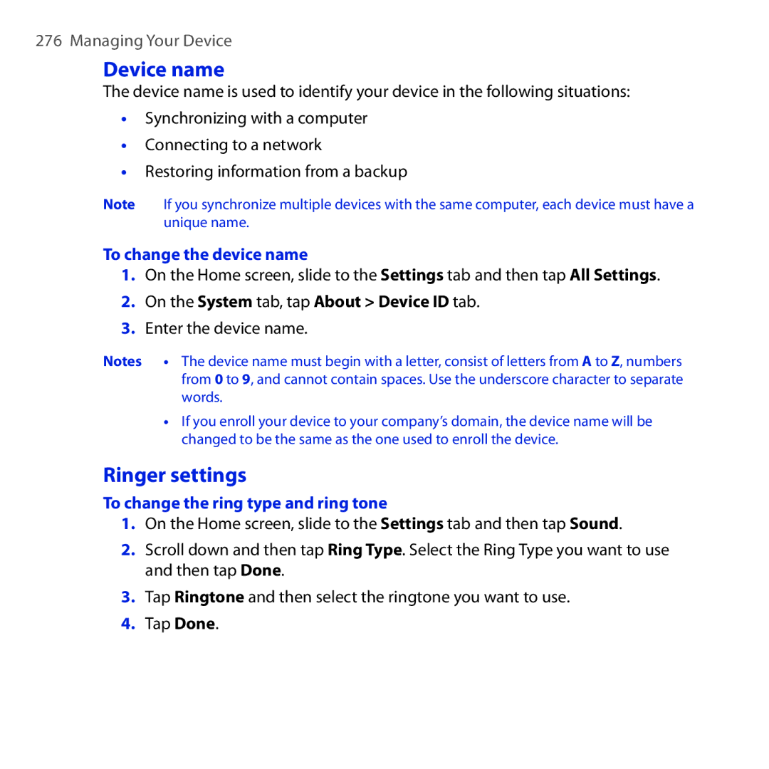 HTC RAPH100 user manual Device name, Ringer settings, To change the device name, On the System tab, tap About Device ID tab 