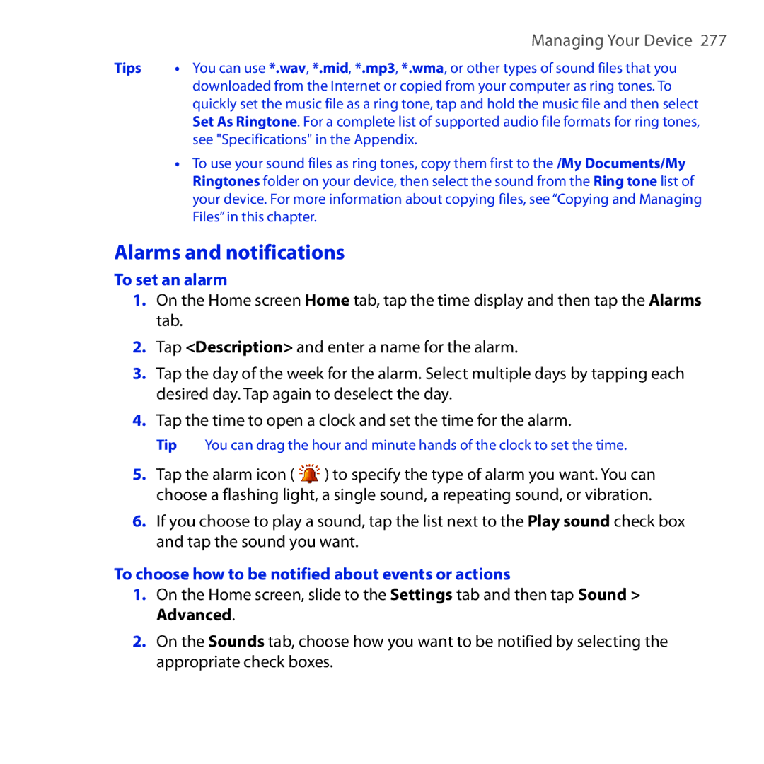 HTC RAPH100 user manual Alarms and notifications, To set an alarm, To choose how to be notified about events or actions 