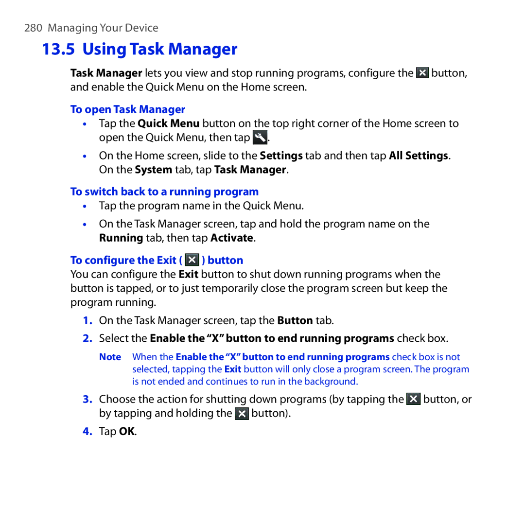 HTC RAPH100 user manual To open Task Manager, To switch back to a running program, To configure the Exit button 