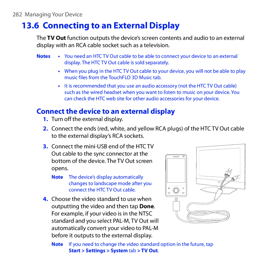 HTC RAPH100 user manual Connect the device to an external display, Bottom of the device. The TV Out screen opens 