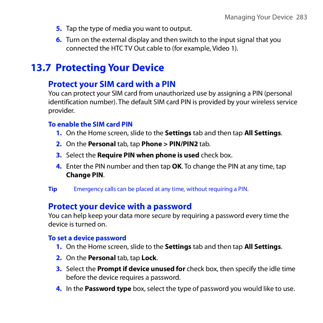 HTC RAPH100 user manual Protect your SIM card with a PIN, Protect your device with a password, To enable the SIM card PIN 