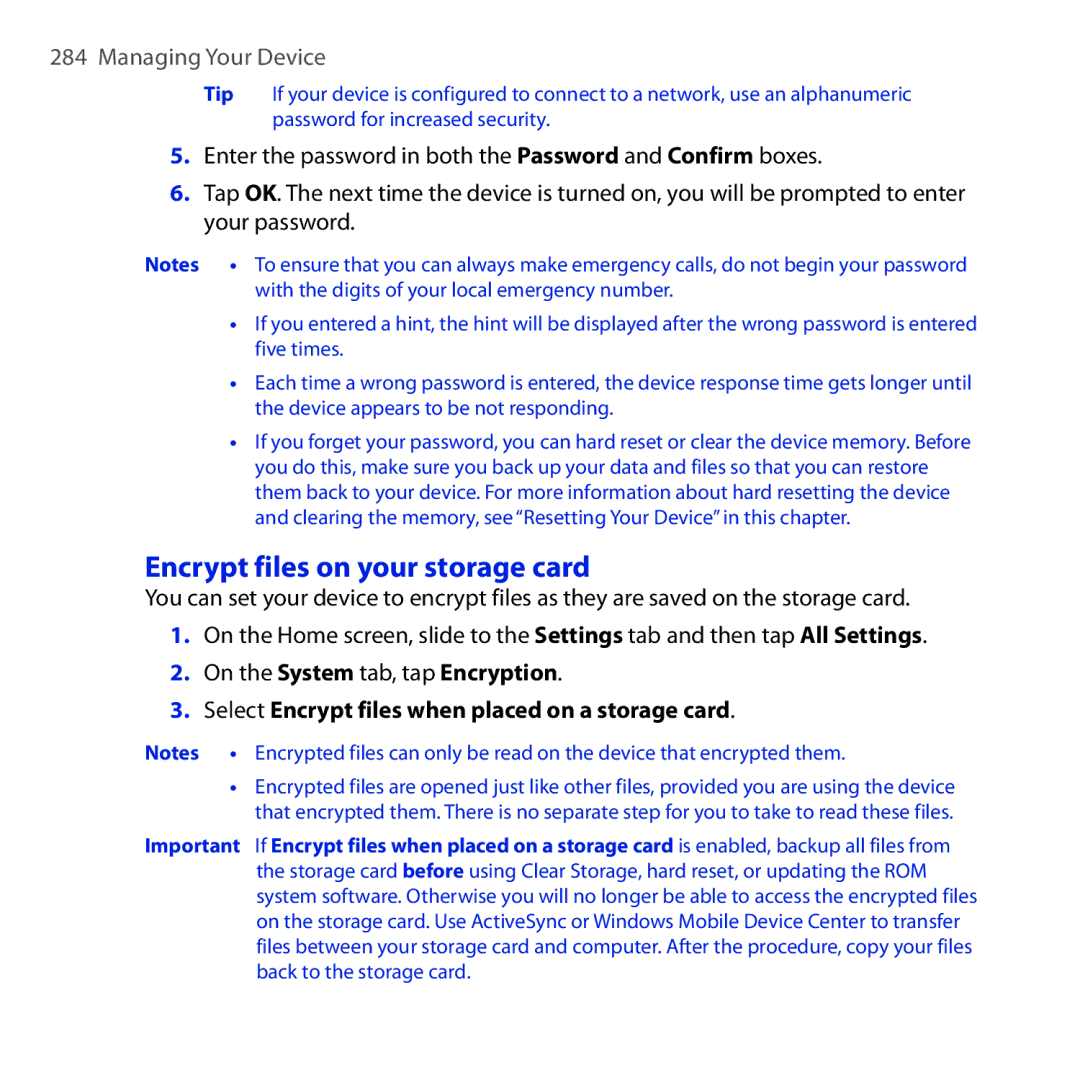 HTC RAPH100 user manual Encrypt files on your storage card, Select Encrypt files when placed on a storage card 