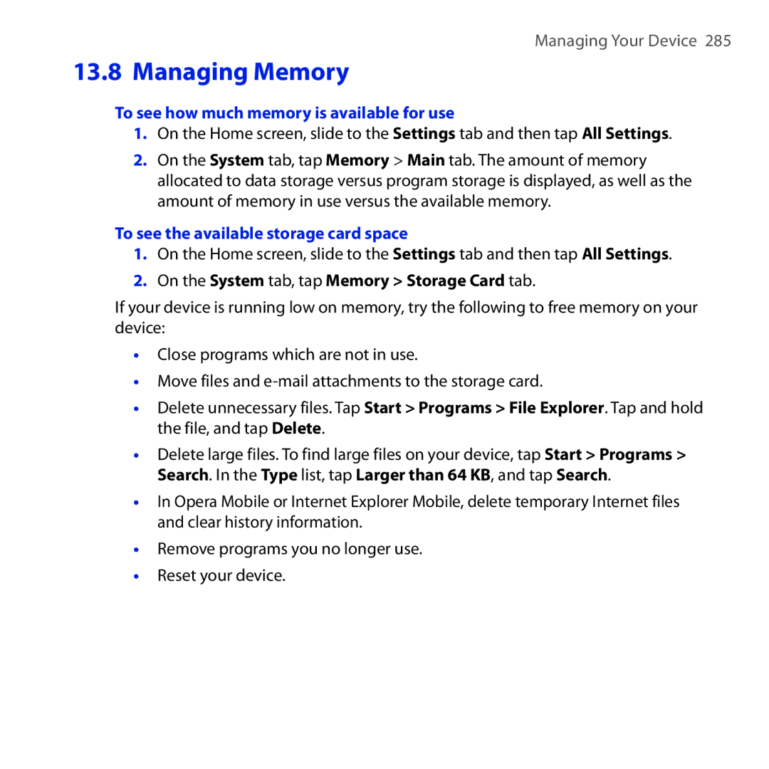 HTC RAPH100 user manual To see how much memory is available for use, To see the available storage card space 