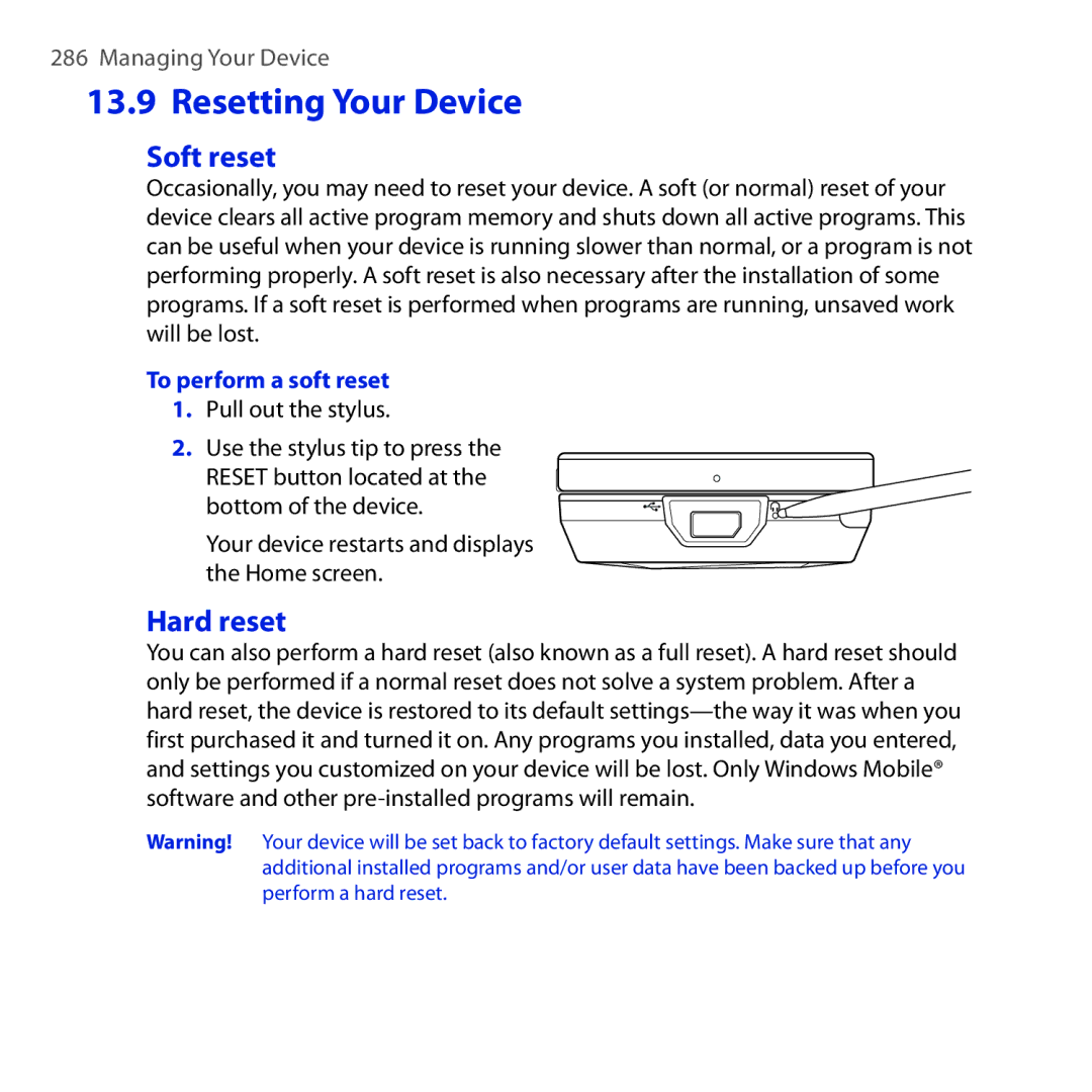 HTC RAPH100 user manual Soft reset, Hard reset, To perform a soft reset 