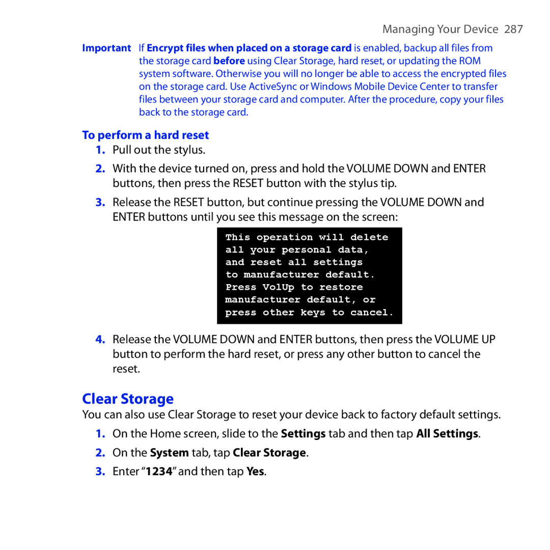 HTC RAPH100 user manual To perform a hard reset, On the System tab, tap Clear Storage, Enter 1234 and then tap Yes 