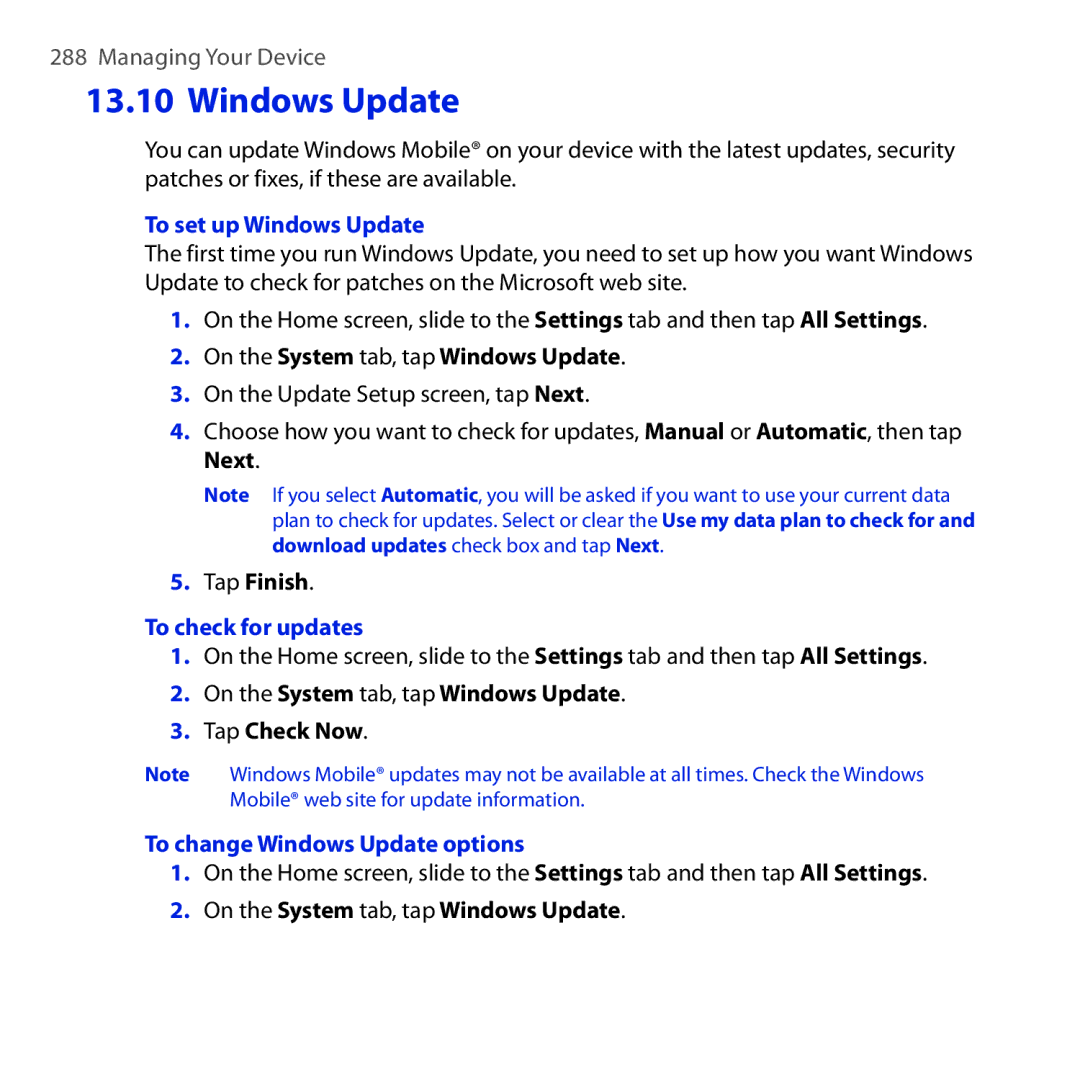 HTC RAPH100 user manual To set up Windows Update, To check for updates, To change Windows Update options 