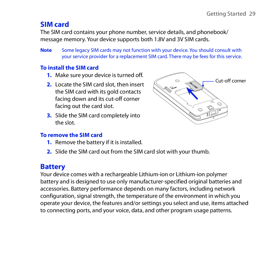 HTC RAPH100 Battery, To install the SIM card, Slide the SIM card completely into the slot, To remove the SIM card 