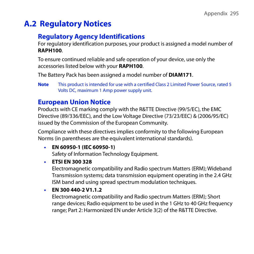 HTC RAPH100 user manual Regulatory Agency Identifications, European Union Notice, EN 60950-1 IEC, Etsi EN 300, EN 300 440-2 