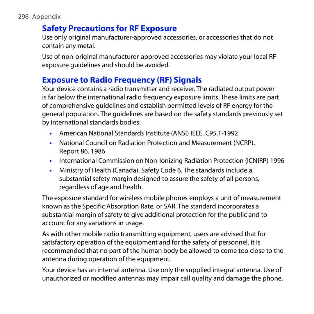 HTC RAPH100 user manual Safety Precautions for RF Exposure, Exposure to Radio Frequency RF Signals 