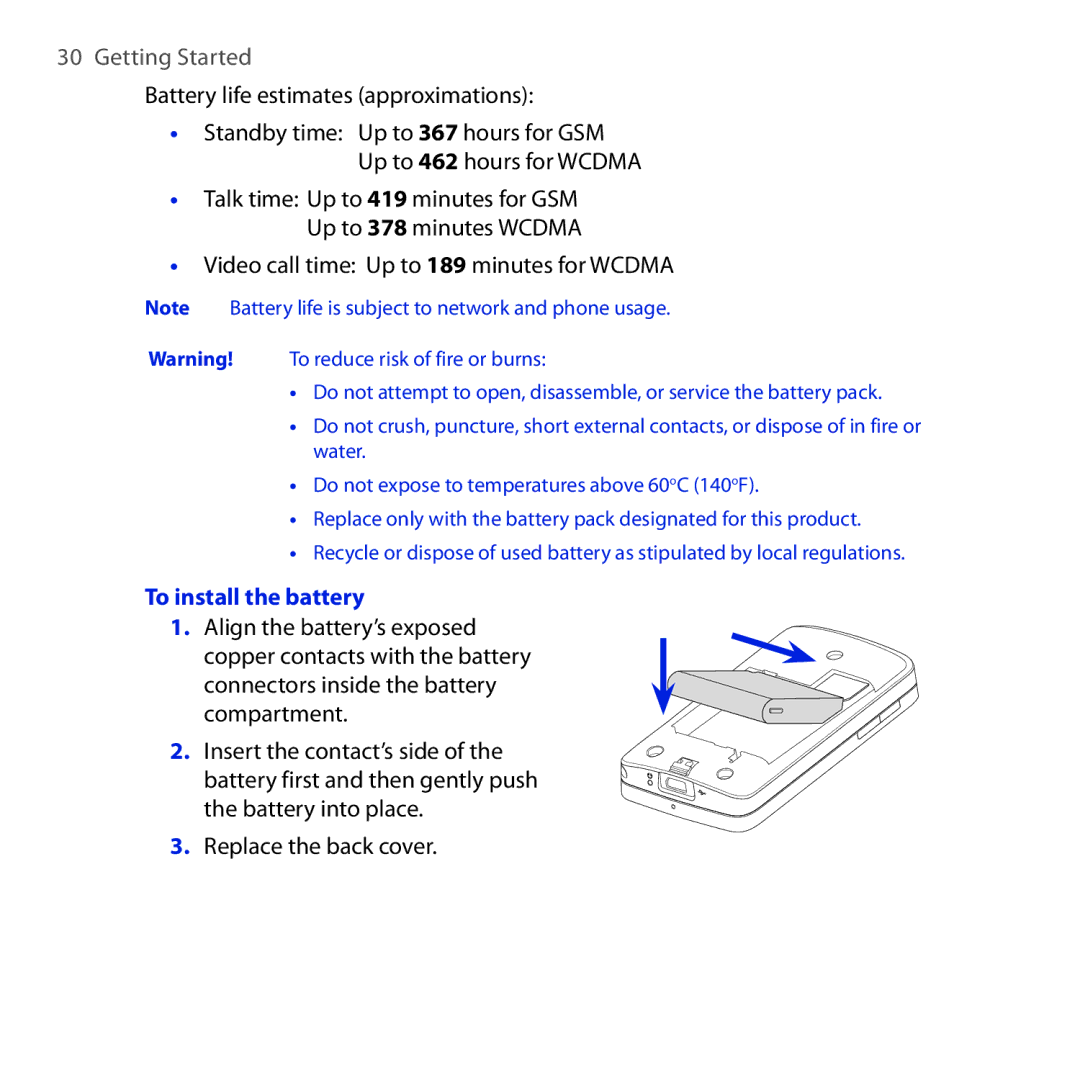 HTC RAPH100 user manual Battery life estimates approximations, To install the battery 